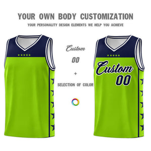 Custom Neon Green Navy Color Block Sets Sports Uniform Basketball Jersey