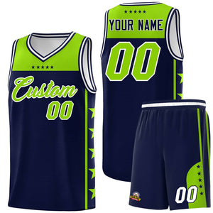 Custom Navy Neon Green Color Block Sets Sports Uniform Basketball Jersey