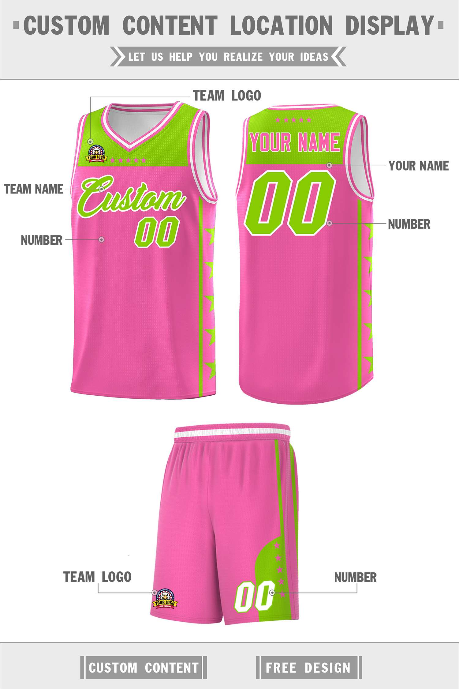 Custom Pink Neon Green Color Block Sets Sports Uniform Basketball Jersey