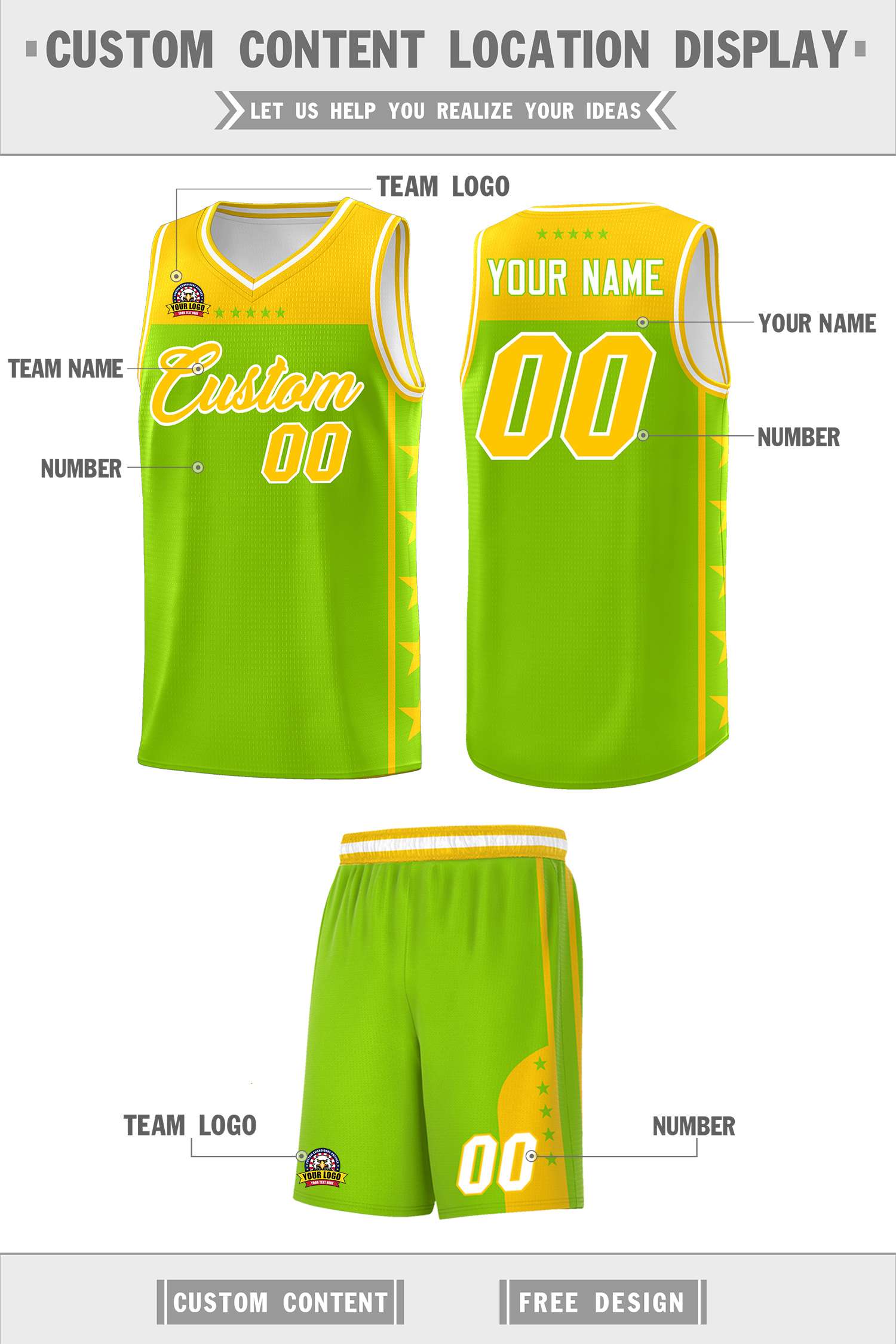 Custom Neon Green Yellow Color Block Sets Sports Uniform Basketball Jersey