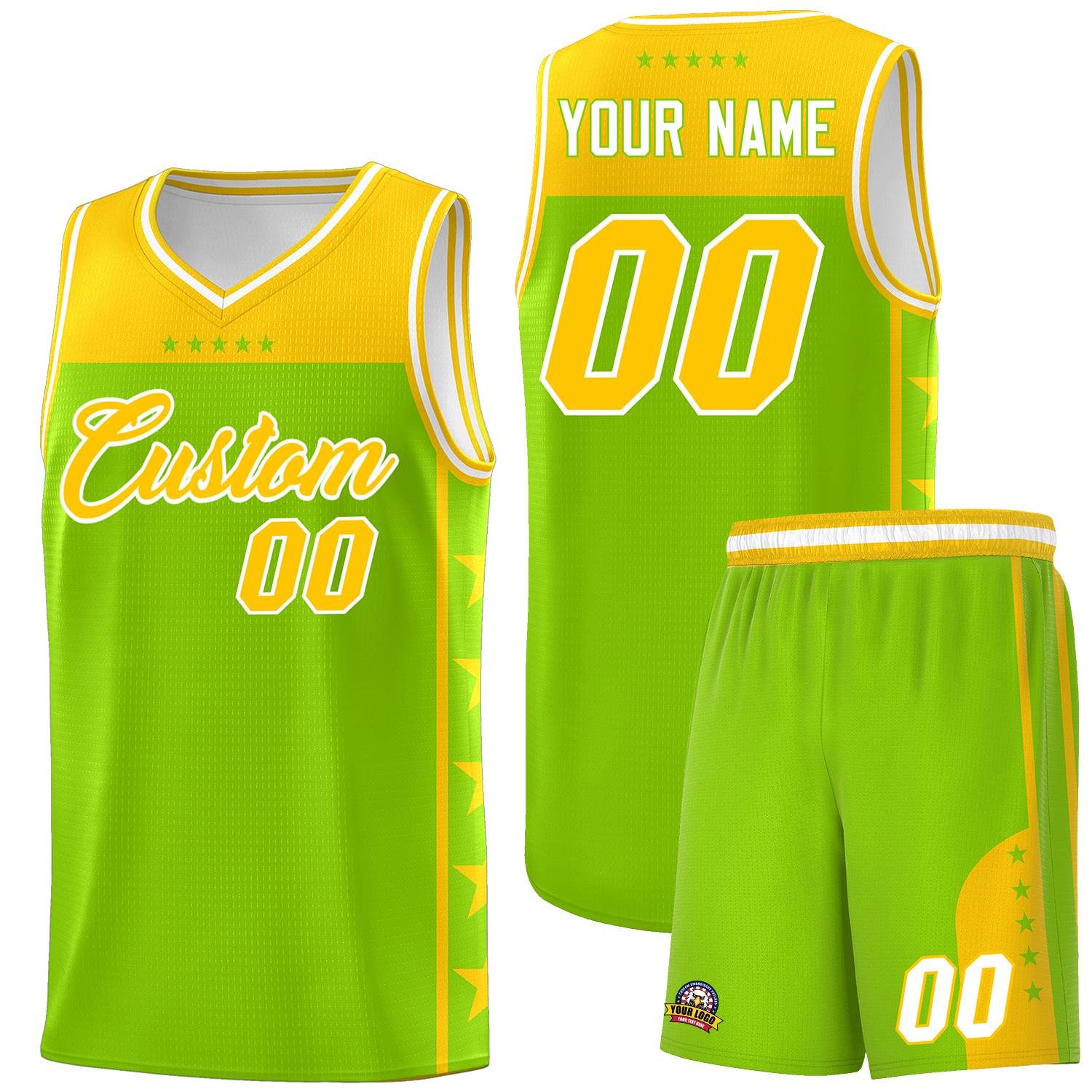 Custom Neon Green Yellow Color Block Sets Sports Uniform Basketball Jersey