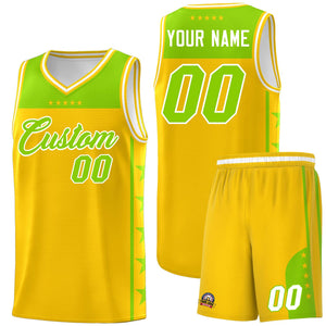 Custom Gold Neon Green Color Block Sets Sports Uniform Basketball Jersey