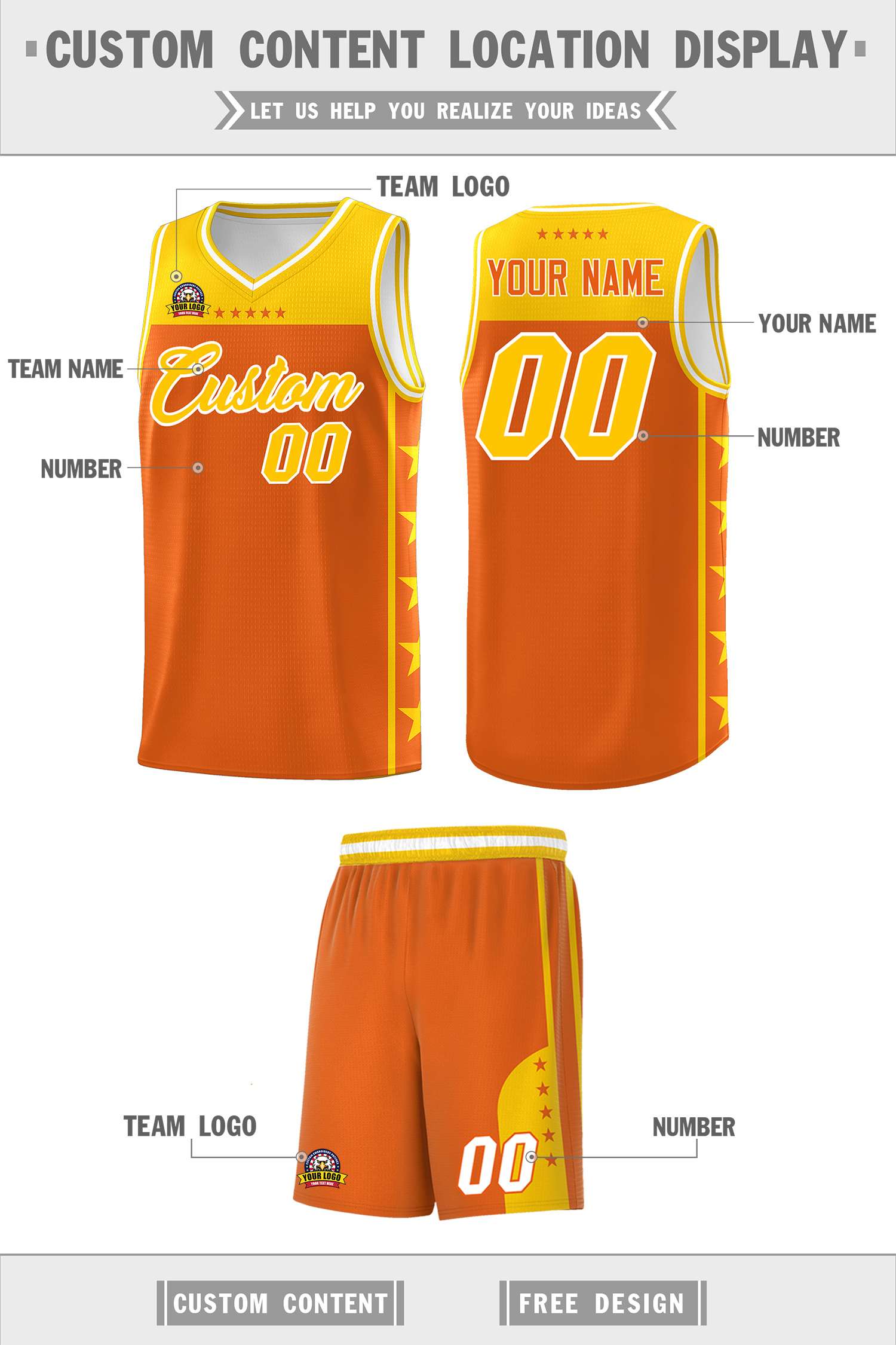 Custom Orange Yellow Color Block Sets Sports Uniform Basketball Jersey