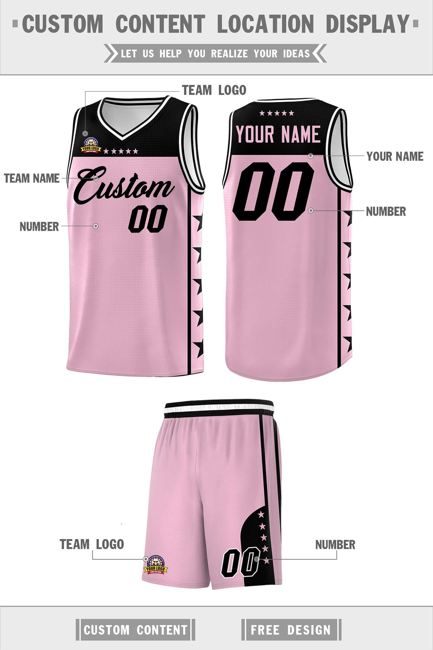 Custom Light Pink Black Color Block Sets Sports Uniform Basketball Jersey