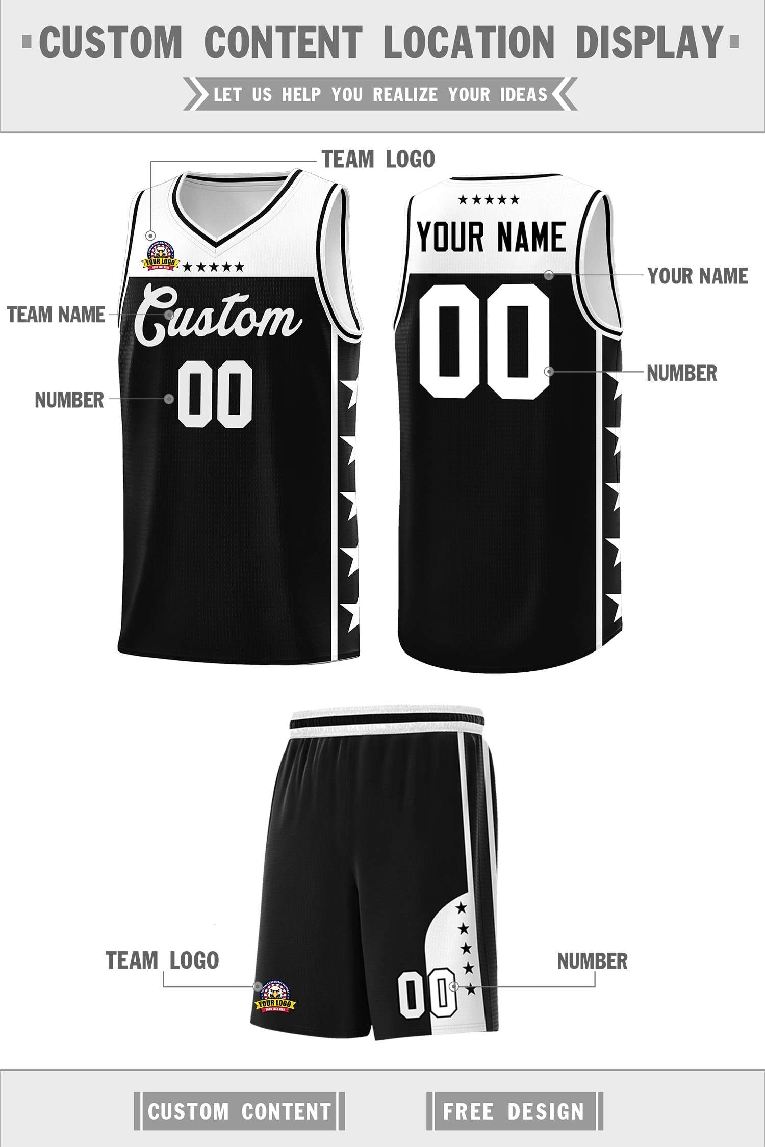 Custom Black White Color Block Sets Sports Uniform Basketball Jersey