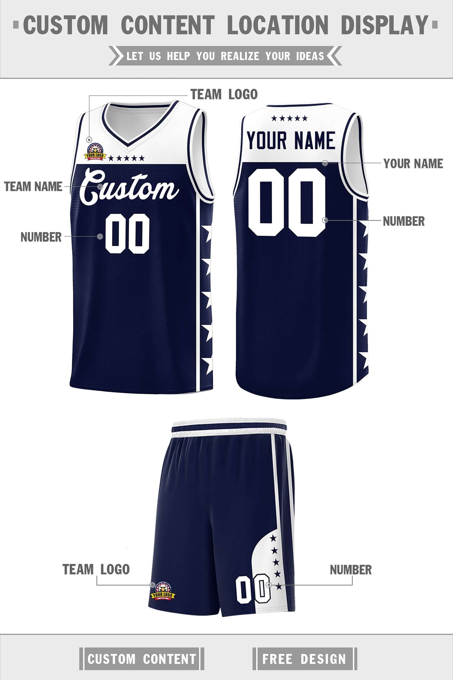 Custom Navy White Color Block Sets Sports Uniform Basketball Jersey