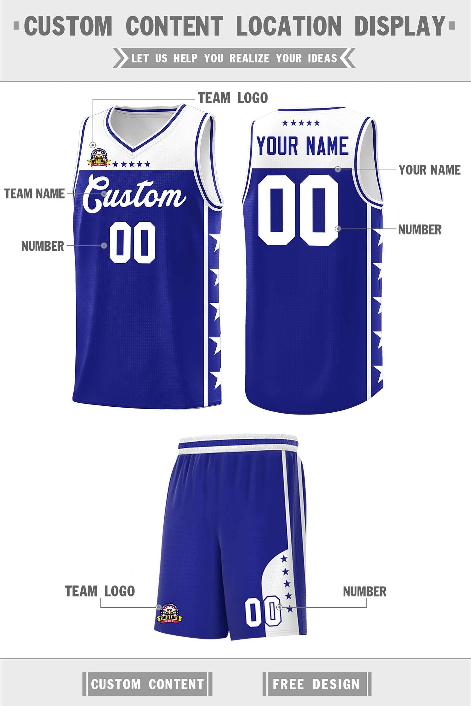 Custom Royal White Color Block Sets Sports Uniform Basketball Jersey