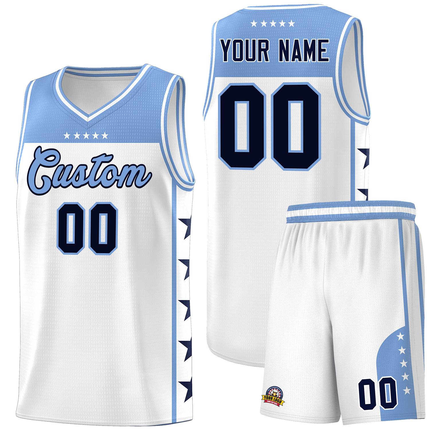 Custom White Light Blue Color Block Sets Sports Uniform Basketball Jersey