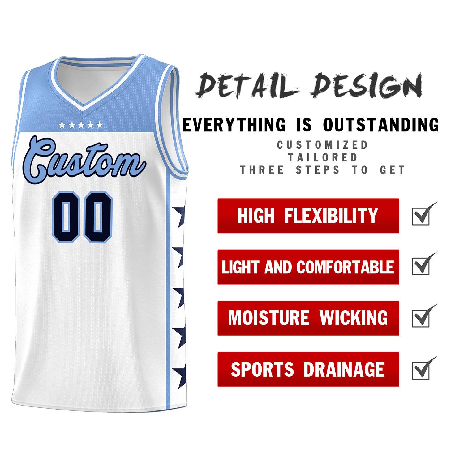 Custom White Light Blue Color Block Sets Sports Uniform Basketball Jersey