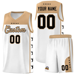 Custom White Old Gold Color Block Sets Sports Uniform Basketball Jersey