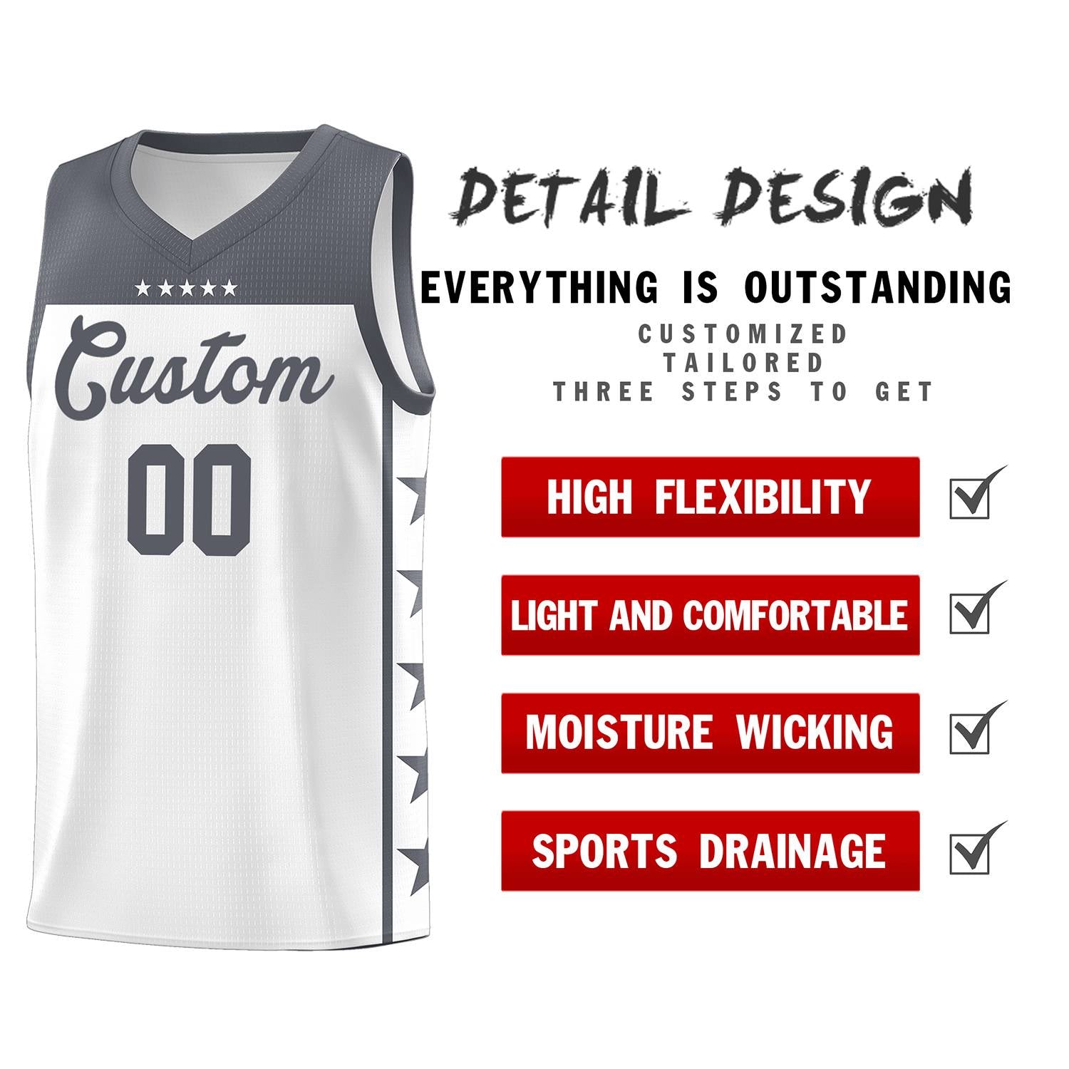 Custom White Dark Gray Color Block Sets Sports Uniform Basketball Jersey