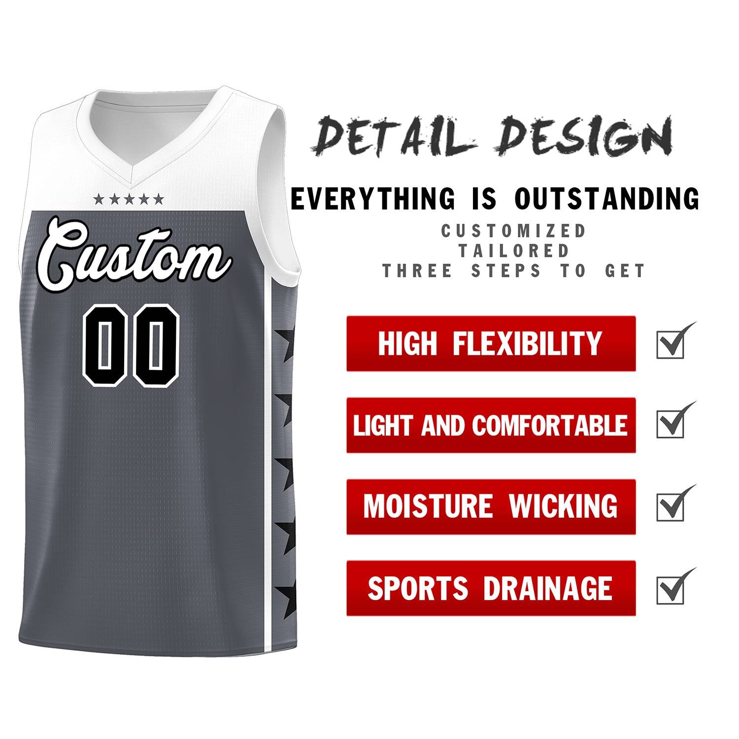 Custom Dark Gray White Color Block Sets Sports Uniform Basketball Jersey