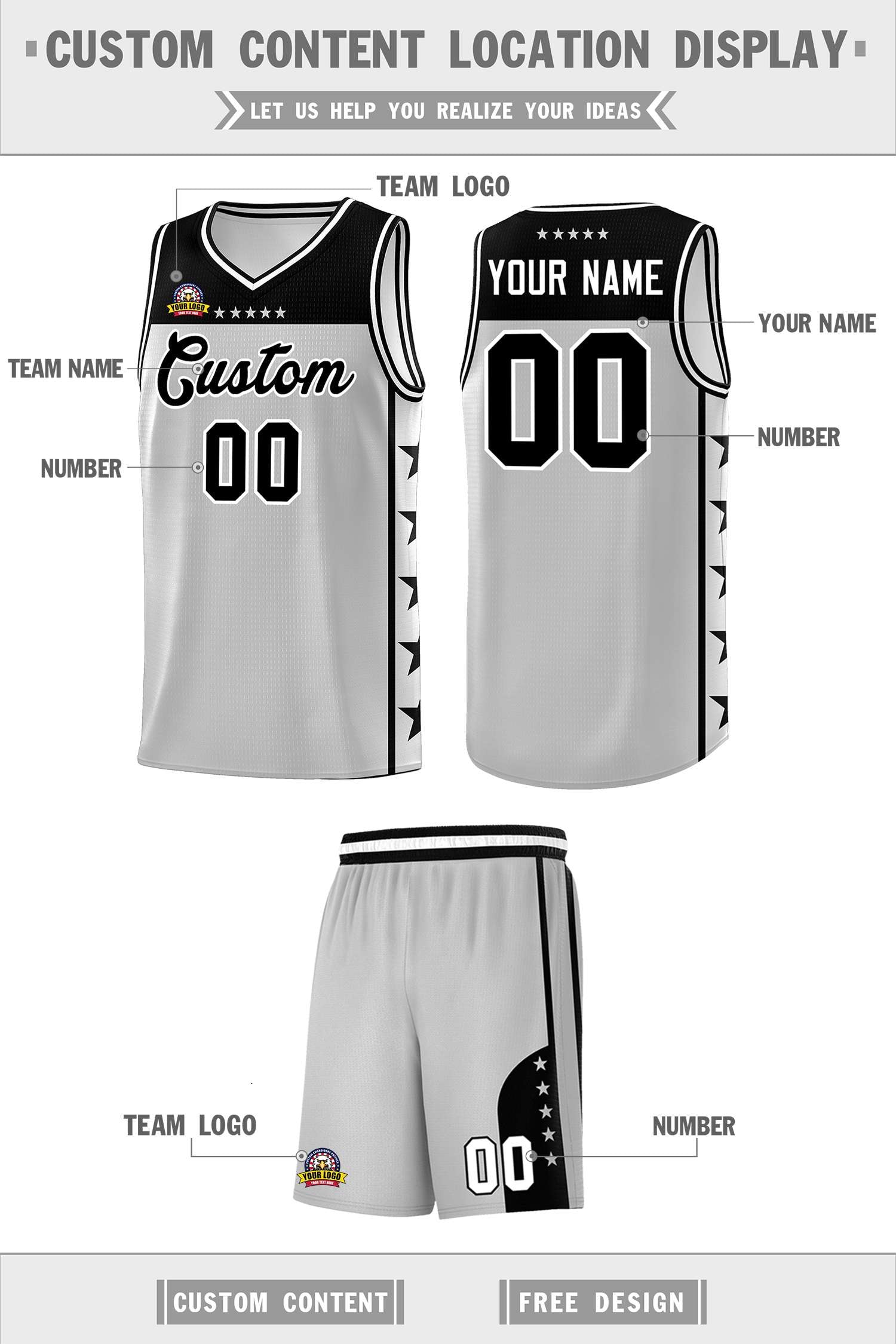 Custom Gray Black Color Block Sets Sports Uniform Basketball Jersey