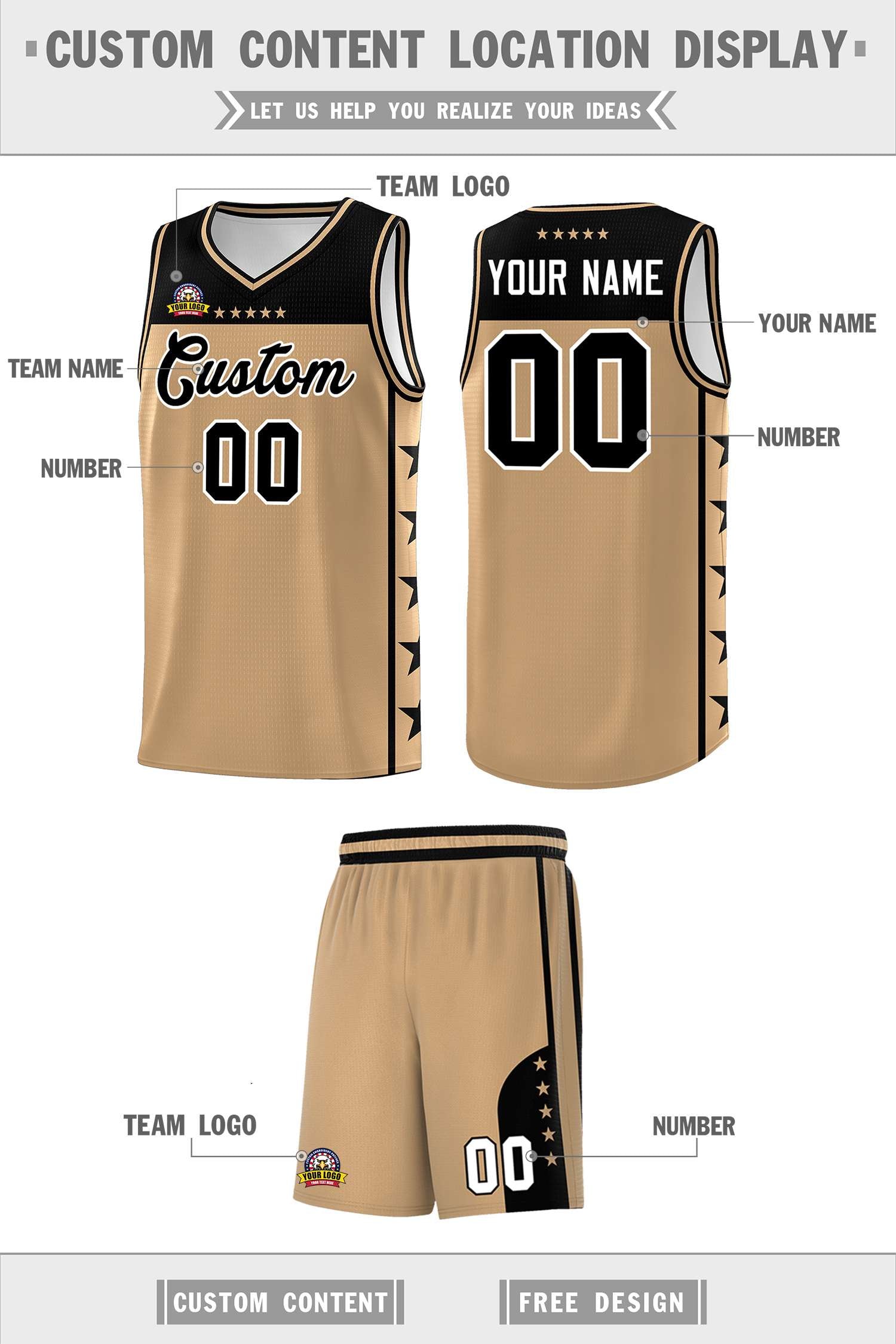 Custom Old Gold Black Color Block Sets Sports Uniform Basketball Jersey