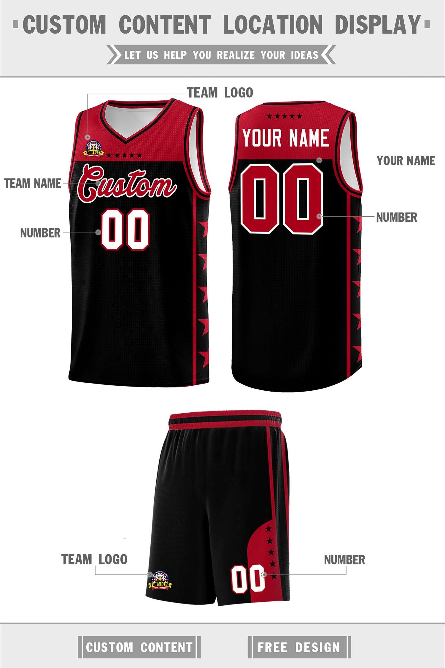 Custom Black Red Color Block Sets Sports Uniform Basketball Jersey