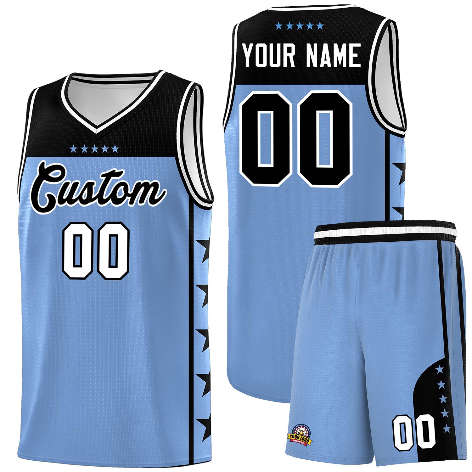 Custom Light Blue Black Color Block Sets Sports Uniform Basketball Jersey