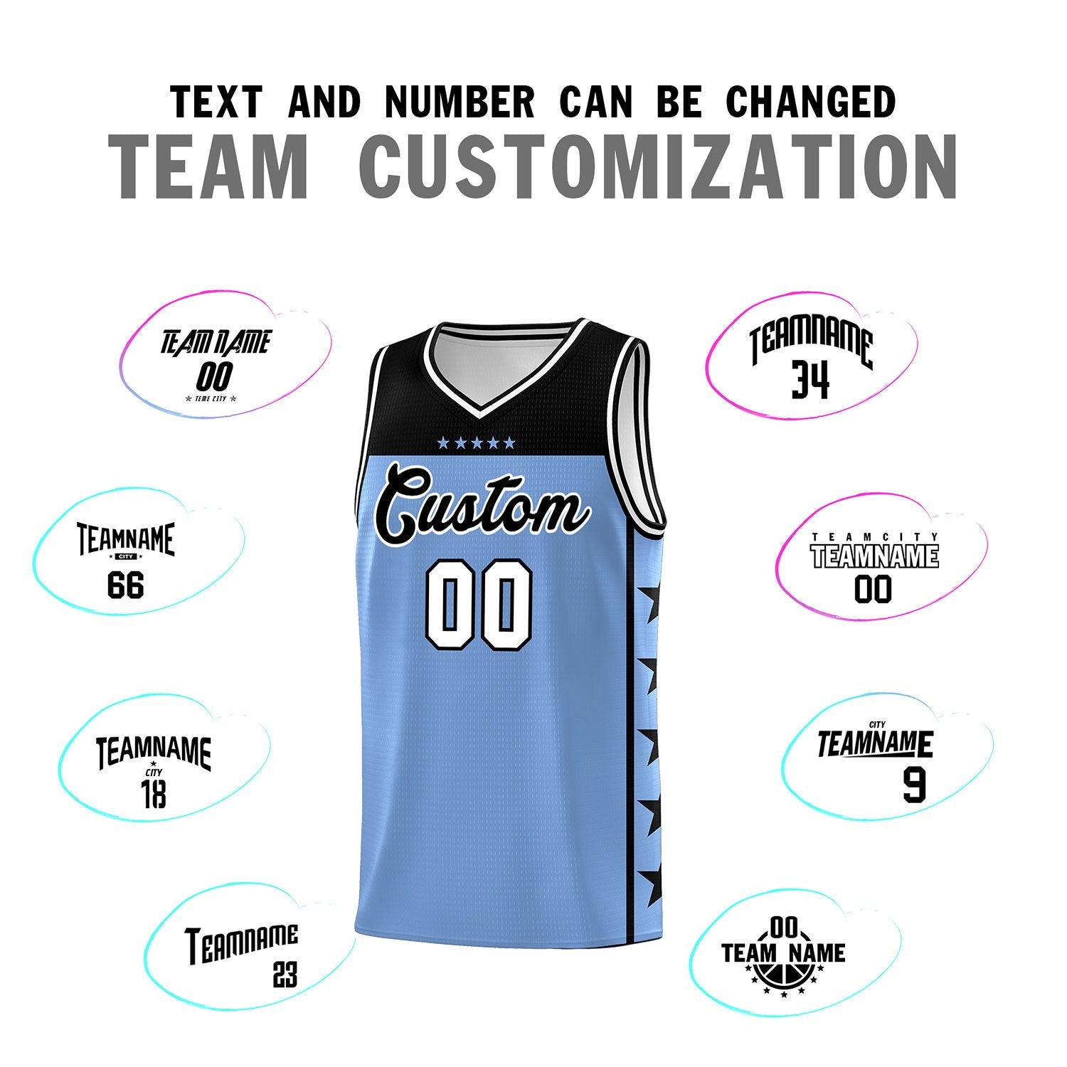 Custom Light Blue Black Color Block Sets Sports Uniform Basketball Jersey