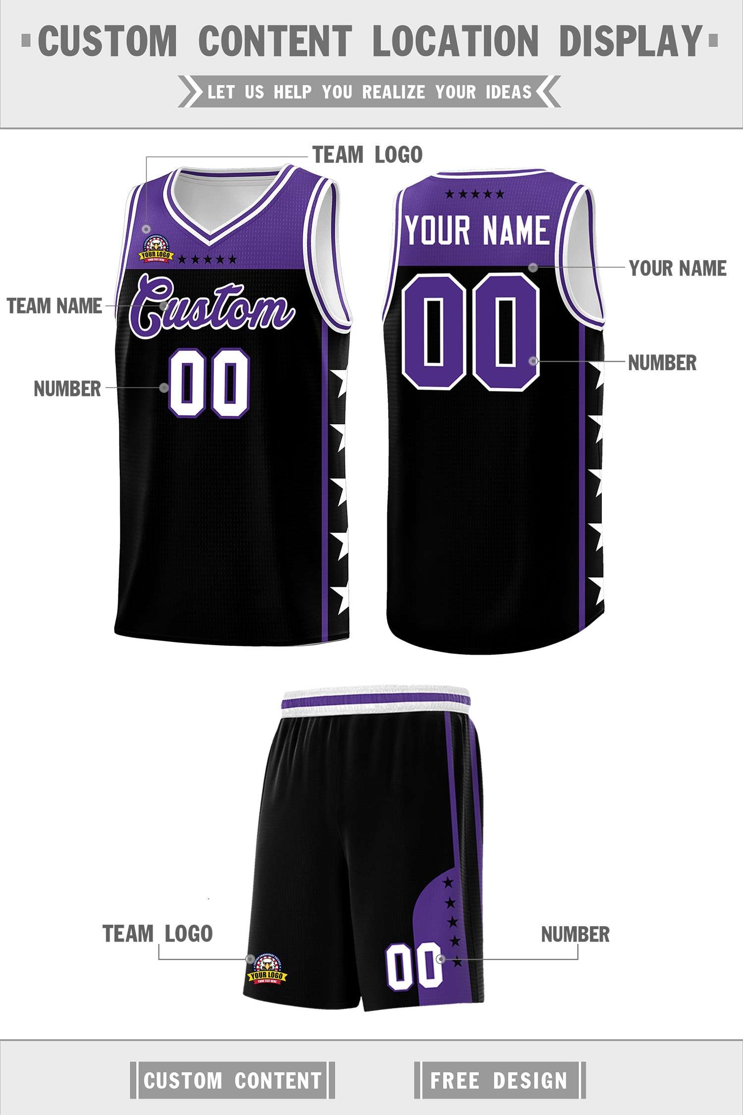 Custom Black Purple Color Block Sets Sports Uniform Basketball Jersey