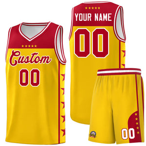 Custom Gold Red Color Block Sets Sports Uniform Basketball Jersey