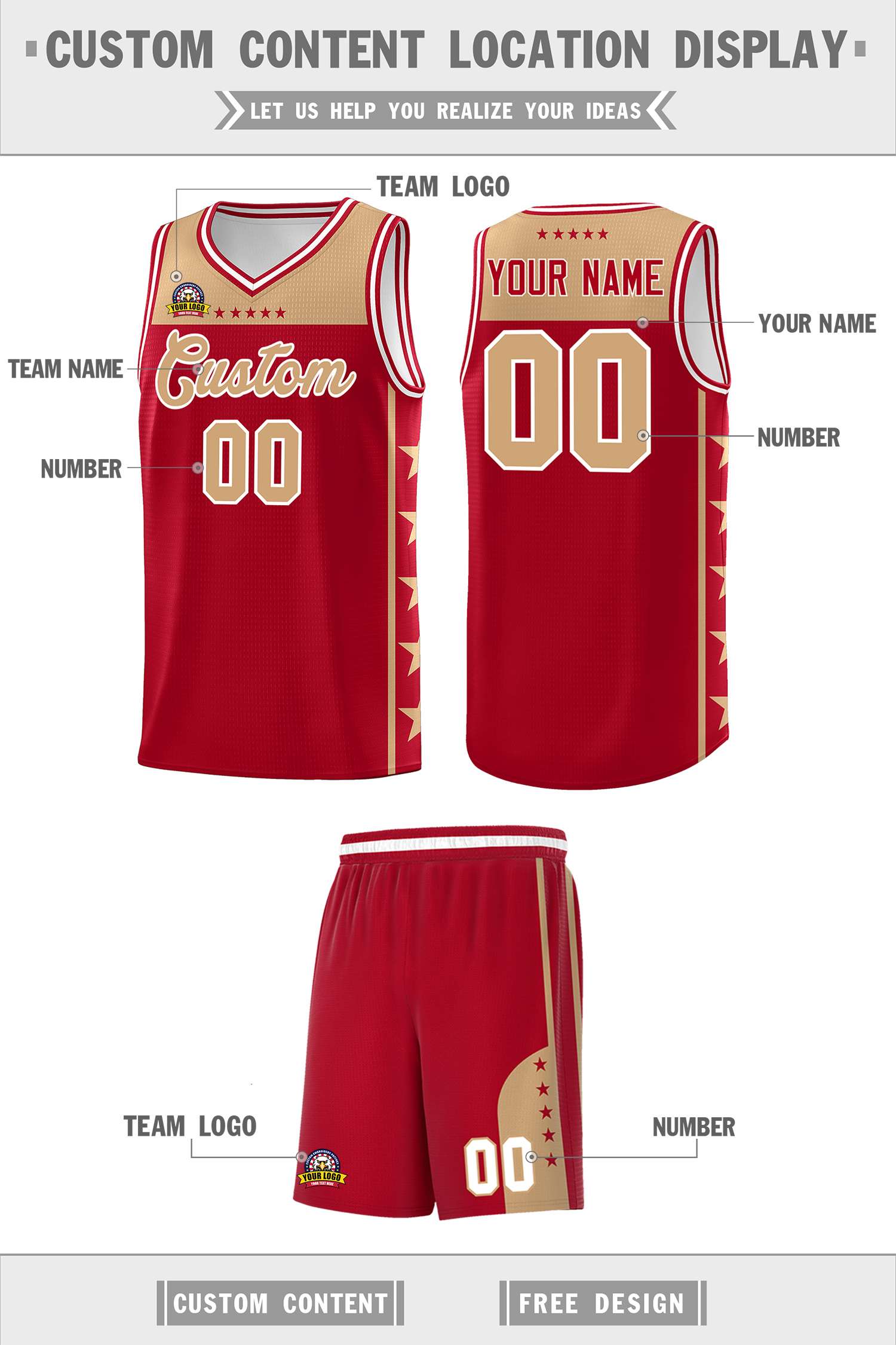 Custom Red Old Gold Color Block Sets Sports Uniform Basketball Jersey