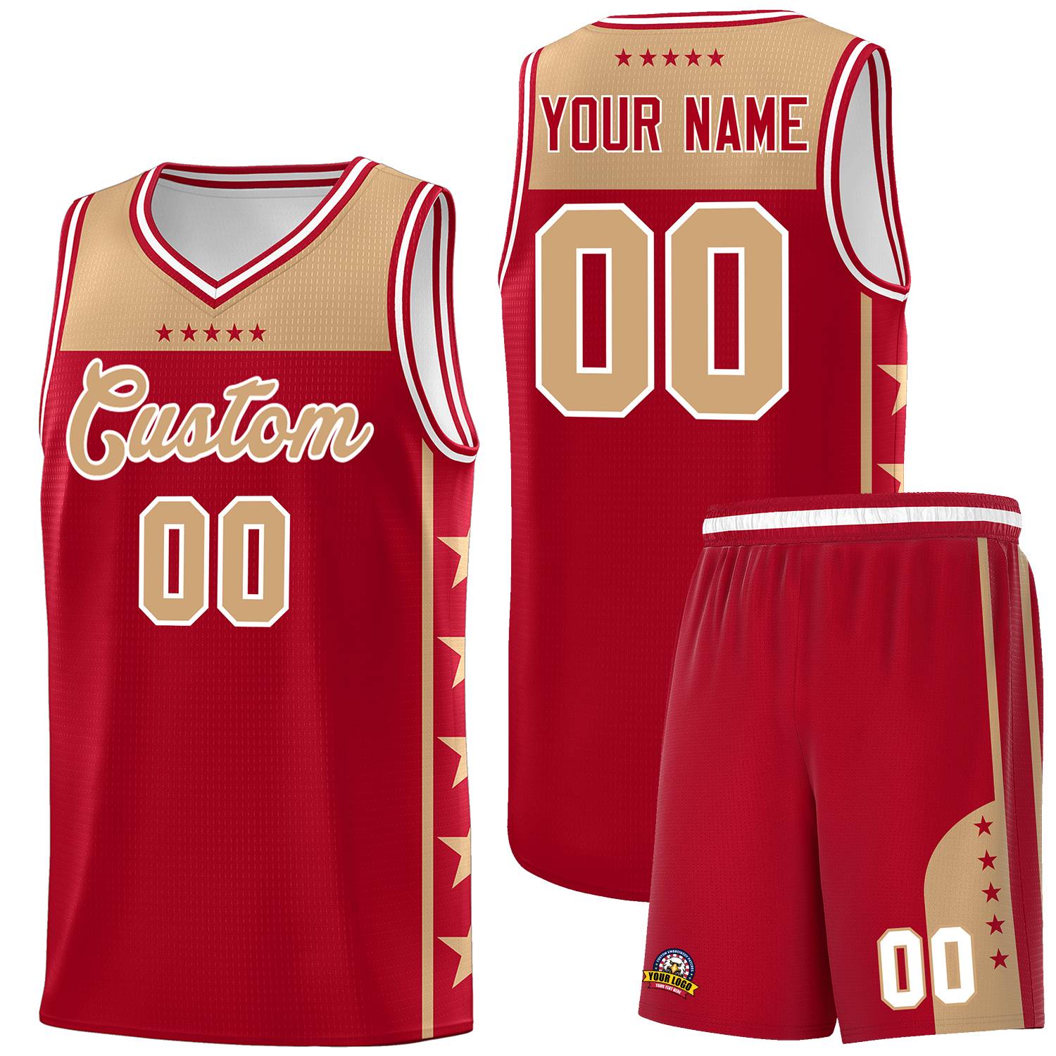 Custom Red Old Gold Color Block Sets Sports Uniform Basketball Jersey