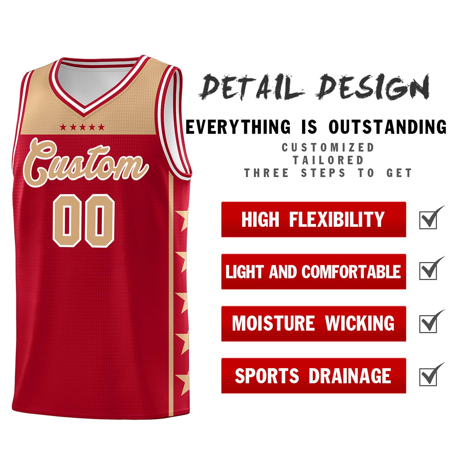 Custom Red Old Gold Color Block Sets Sports Uniform Basketball Jersey