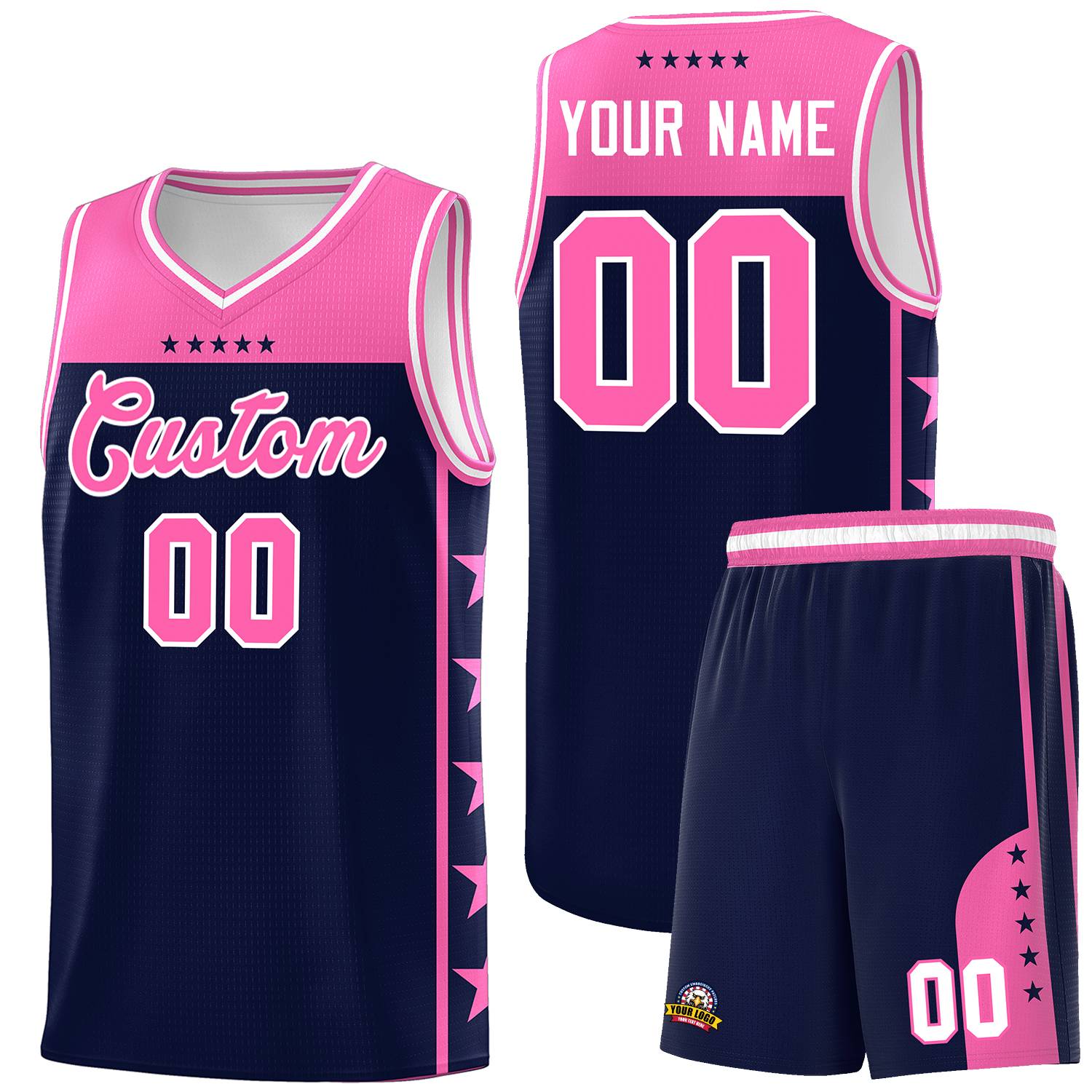 Custom Navy Pink Color Block Sets Sports Uniform Basketball Jersey