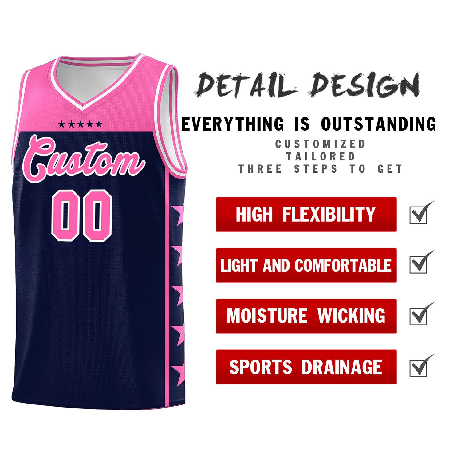 Custom Navy Pink Color Block Sets Sports Uniform Basketball Jersey