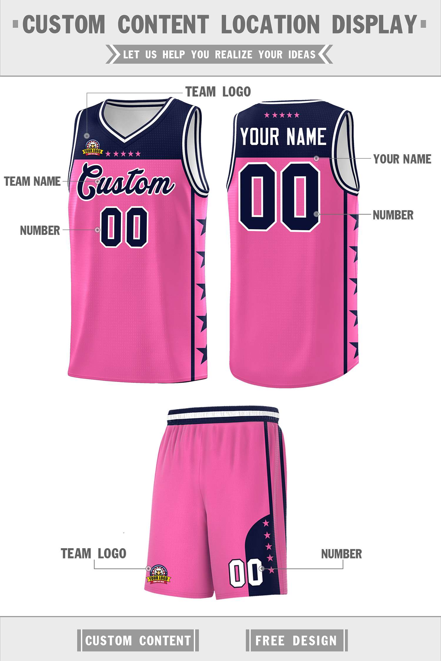 Custom Pink Navy Color Block Sets Sports Uniform Basketball Jersey