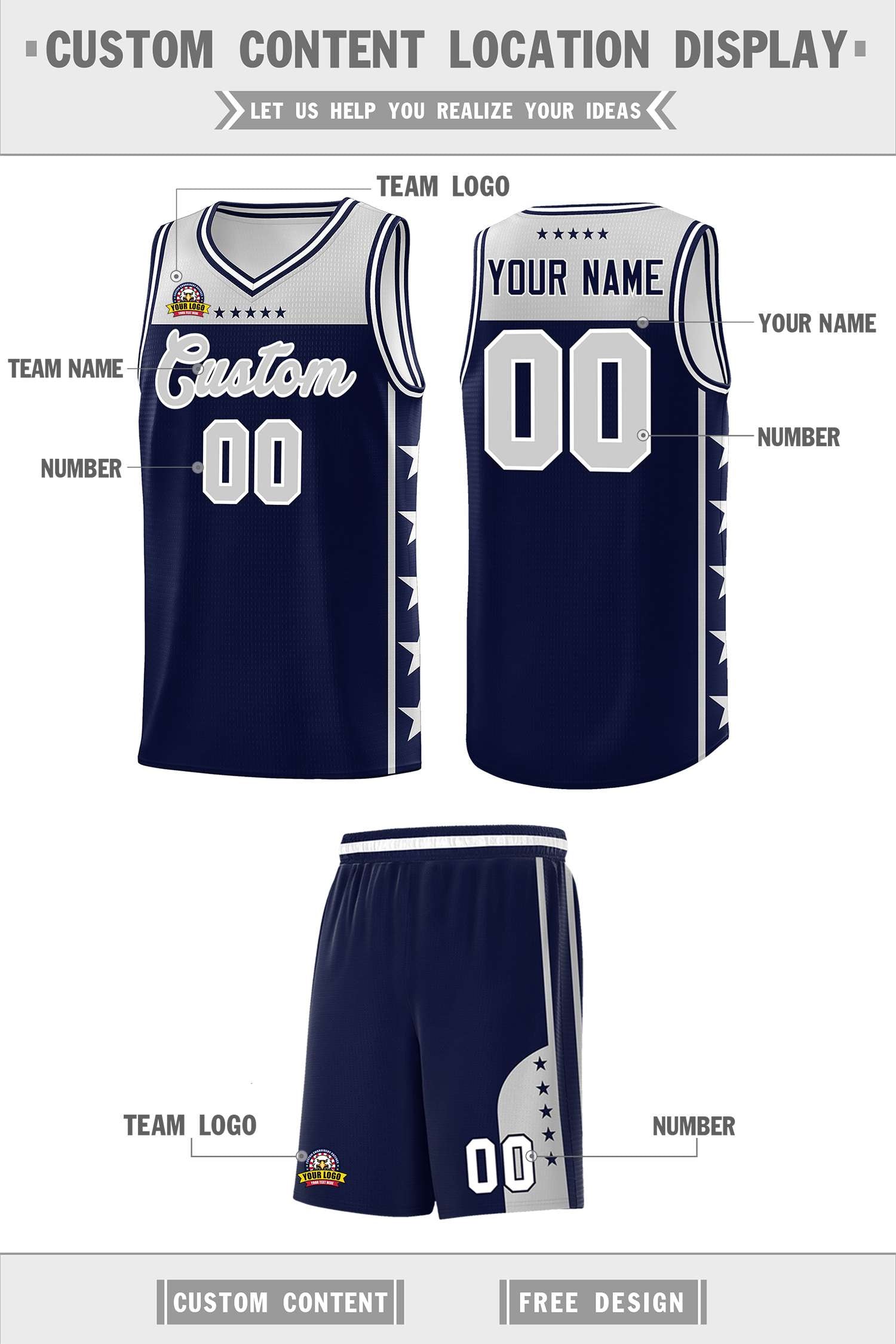 Custom Navy Gray Color Block Sets Sports Uniform Basketball Jersey