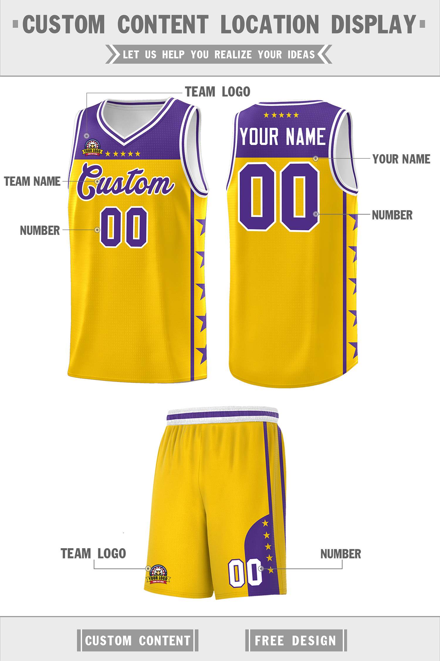 Custom Gold Purple Color Block Sets Sports Uniform Basketball Jersey