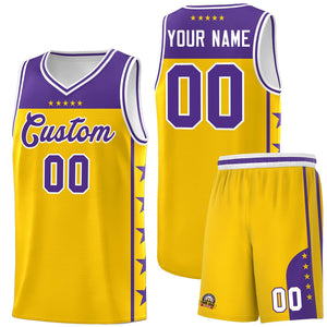 Custom Gold Purple Color Block Sets Sports Uniform Basketball Jersey