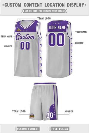 Custom Gray Purple Color Block Sets Sports Uniform Basketball Jersey