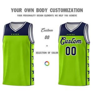 Custom Neon Green Navy Color Block Sets Sports Uniform Basketball Jersey