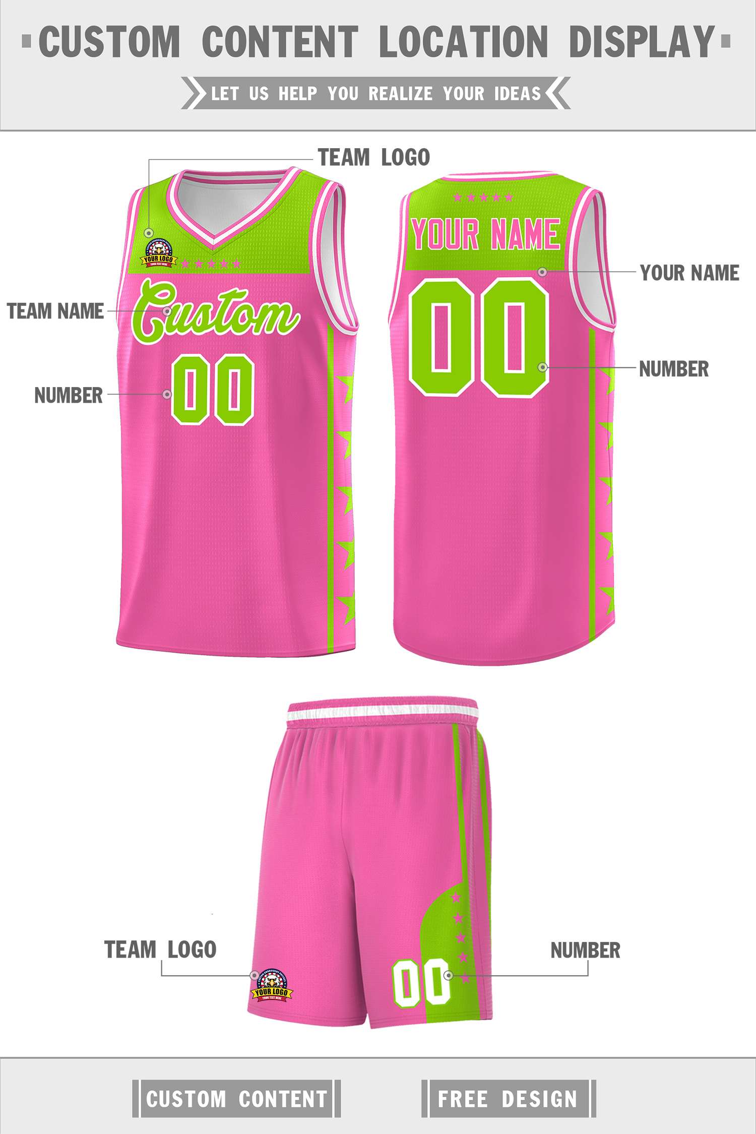 Custom Pink Neon Green Color Block Sets Sports Uniform Basketball Jersey