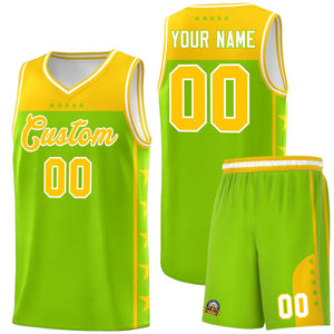 Custom Neon Green Yellow Color Block Sets Sports Uniform Basketball Jersey