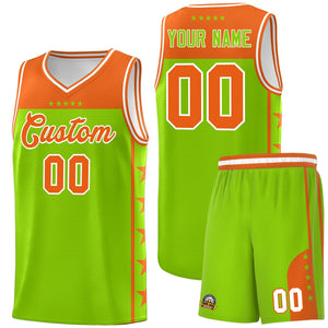 Custom Neon Green Orange Color Block Sets Sports Uniform Basketball Jersey