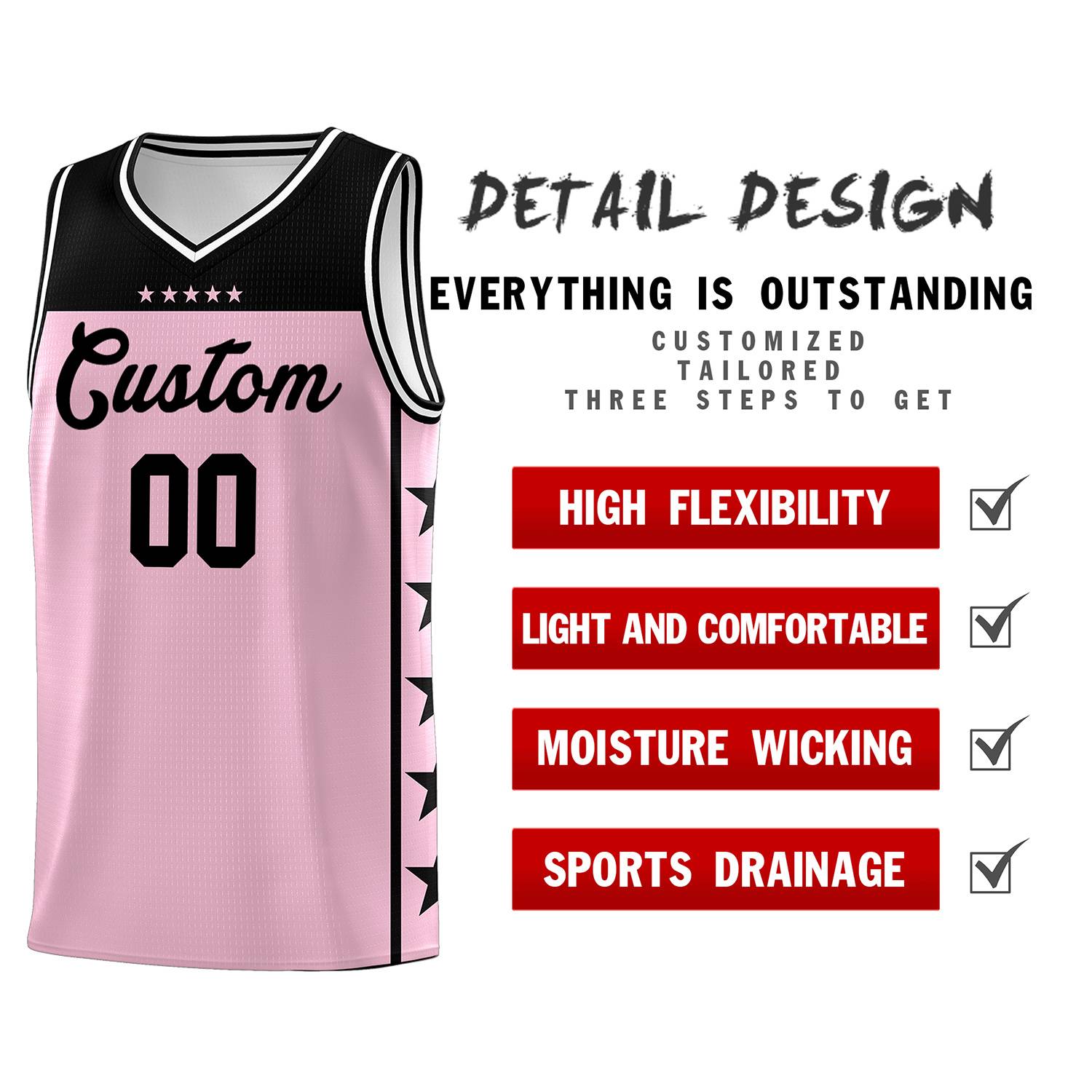 Custom Light Pink Black Color Block Sets Sports Uniform Basketball Jersey