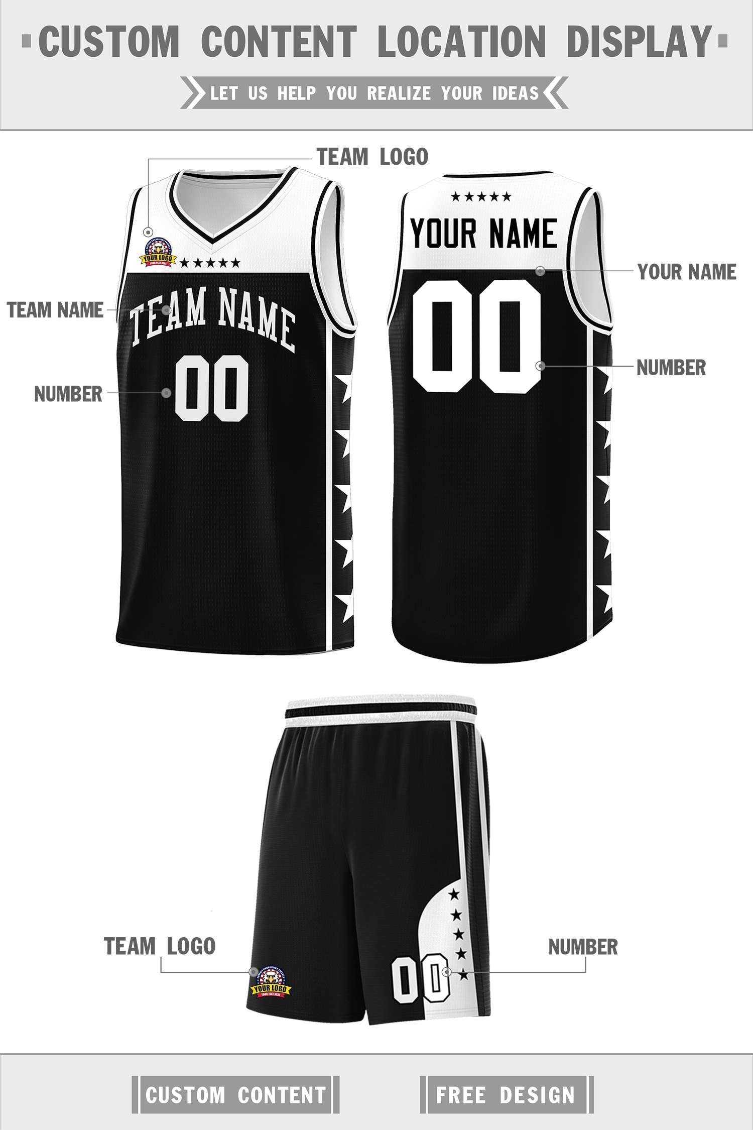 Custom Black White Color Block Sets Sports Uniform Basketball Jersey