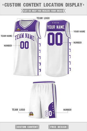 Custom White Purple Color Block Sets Sports Uniform Basketball Jersey