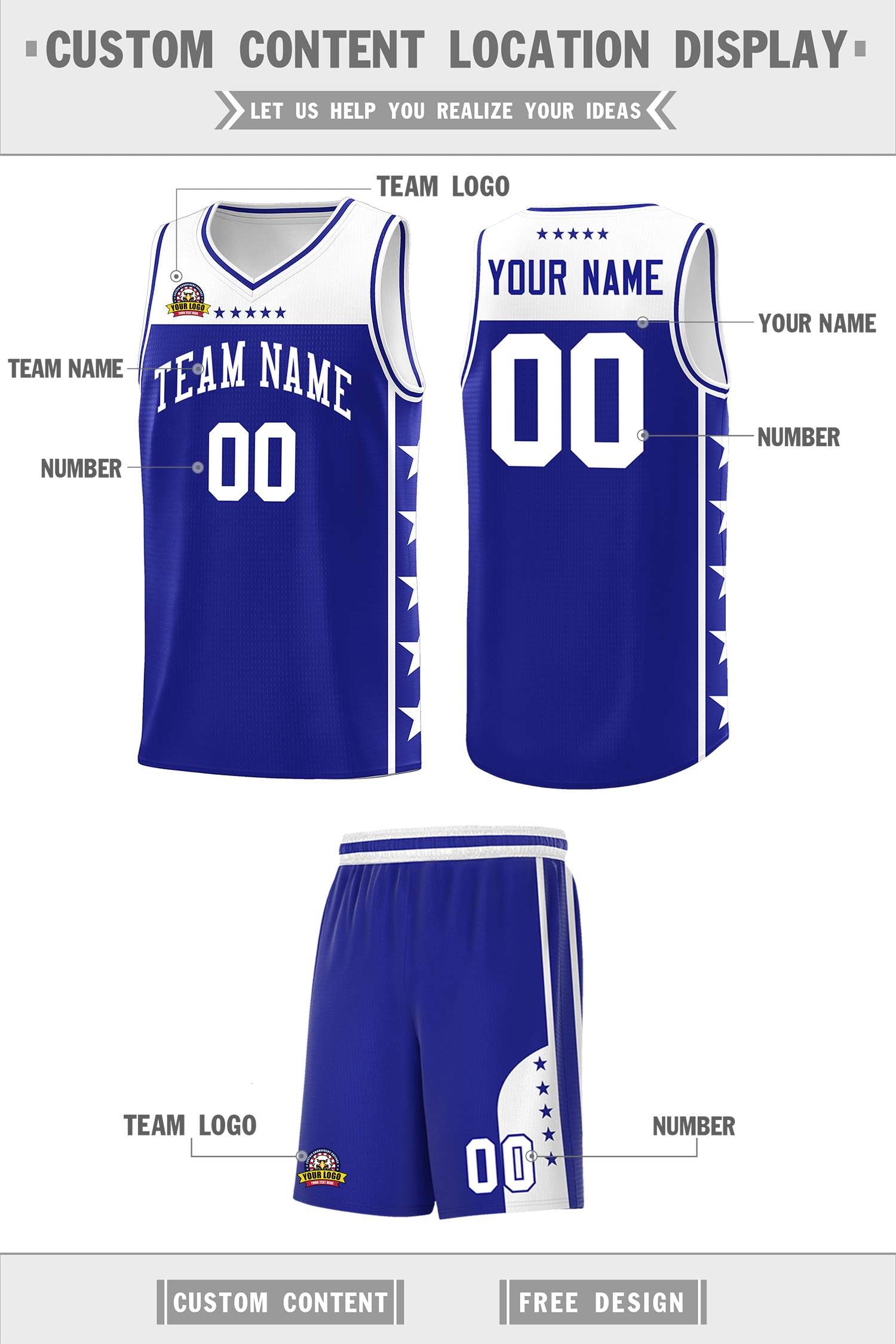 Custom Royal White Color Block Sets Sports Uniform Basketball Jersey