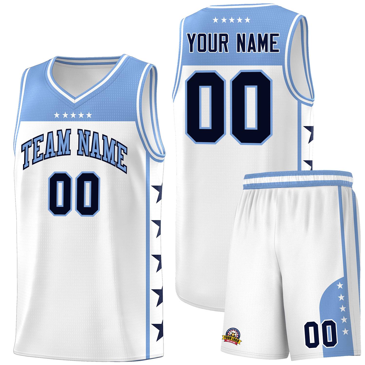 Custom White Light Blue Color Block Sets Sports Uniform Basketball Jersey