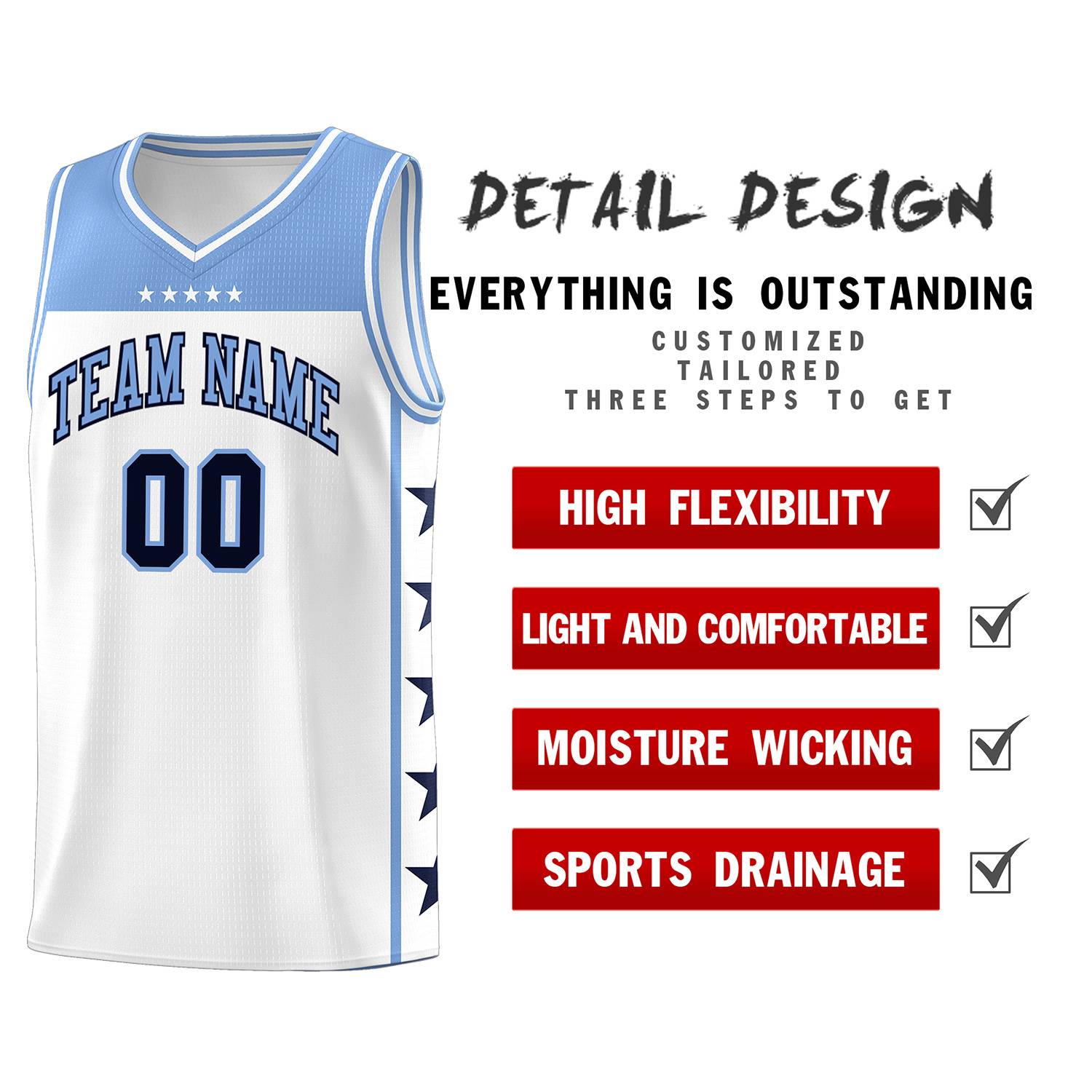 Custom White Light Blue Color Block Sets Sports Uniform Basketball Jersey