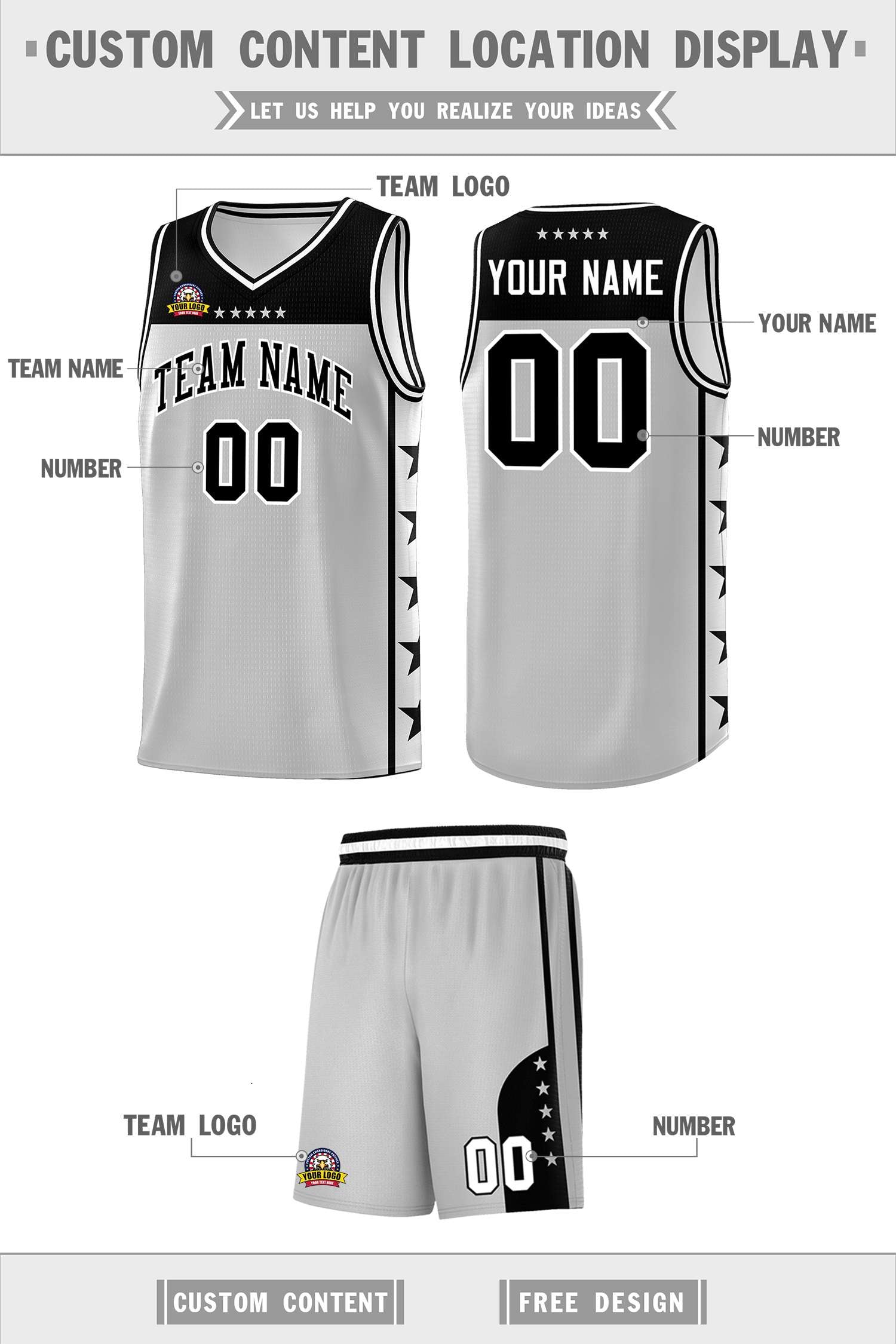 Custom Gray Black Color Block Sets Sports Uniform Basketball Jersey