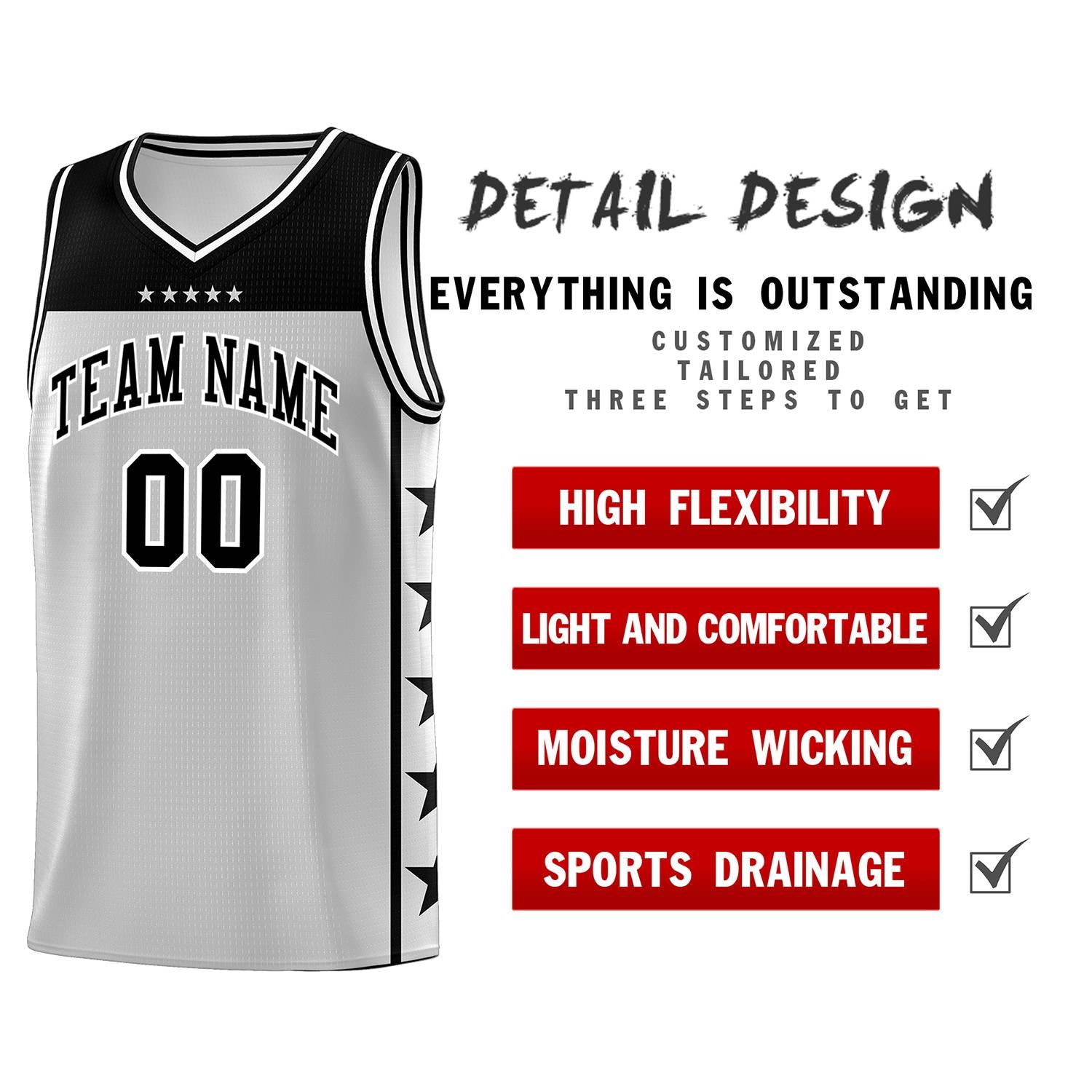 Custom Gray Black Color Block Sets Sports Uniform Basketball Jersey