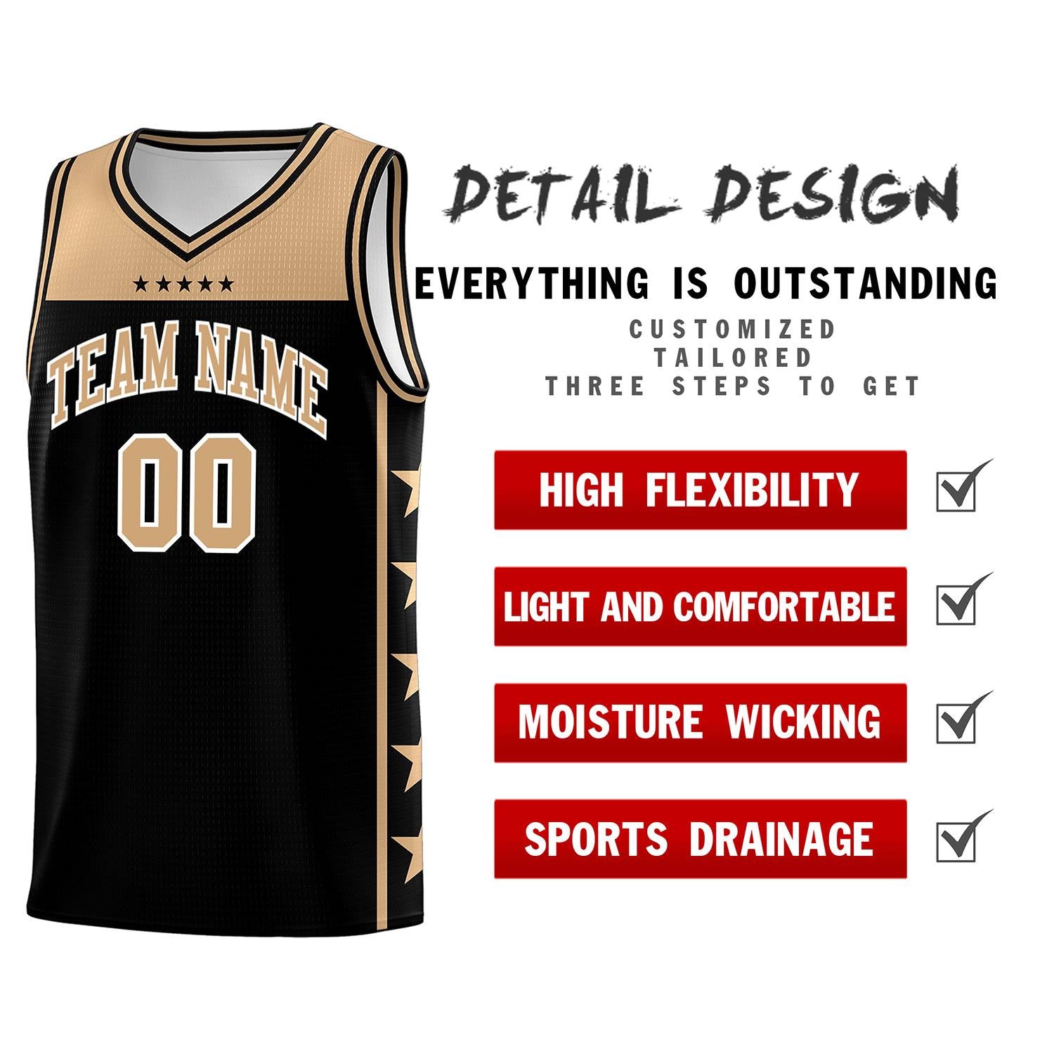 Custom Black Old Gold Color Block Sets Sports Uniform Basketball Jersey