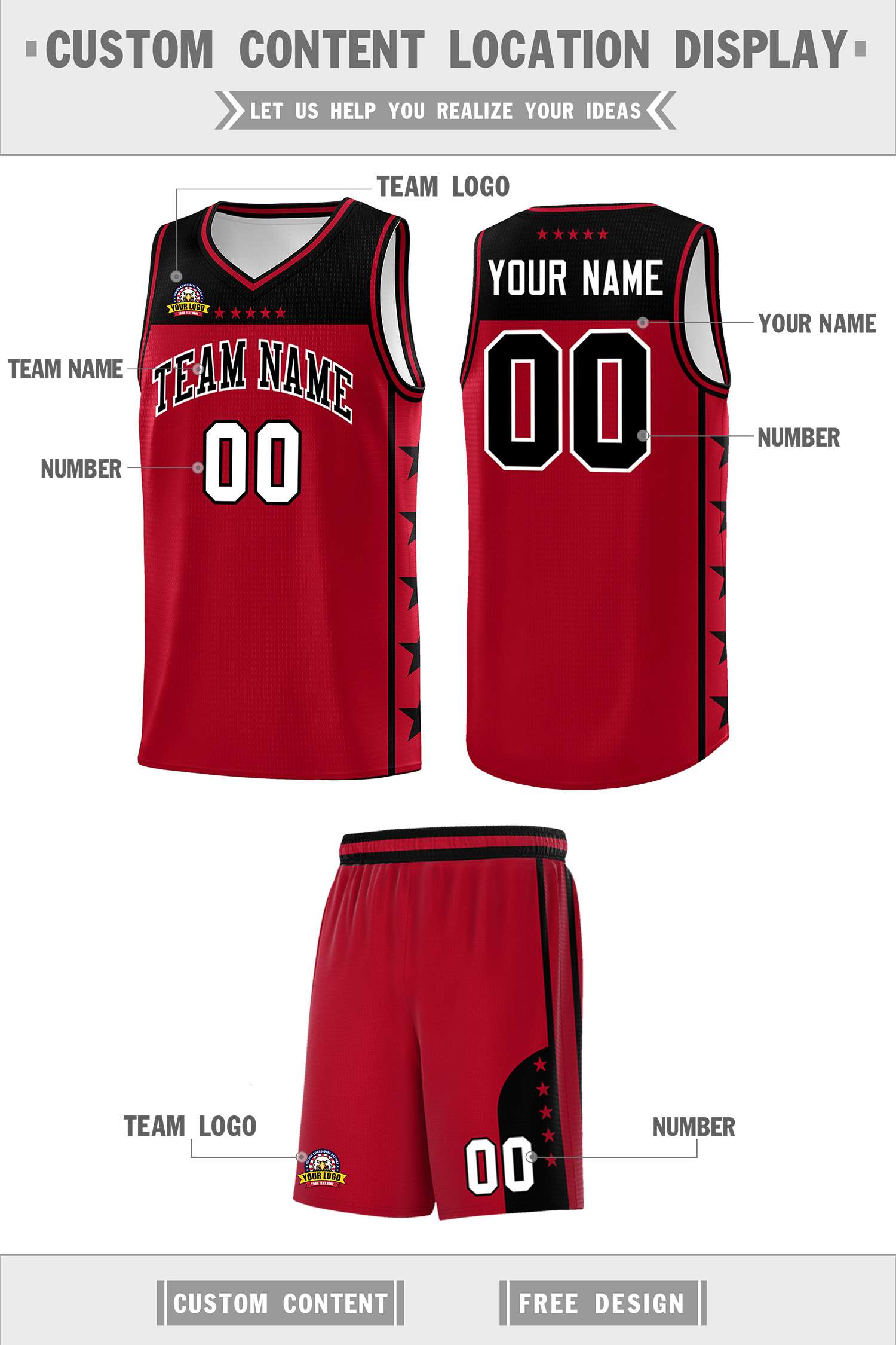 Custom Red Black Color Block Sets Sports Uniform Basketball Jersey