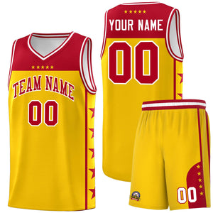 Custom Gold Red Color Block Sets Sports Uniform Basketball Jersey