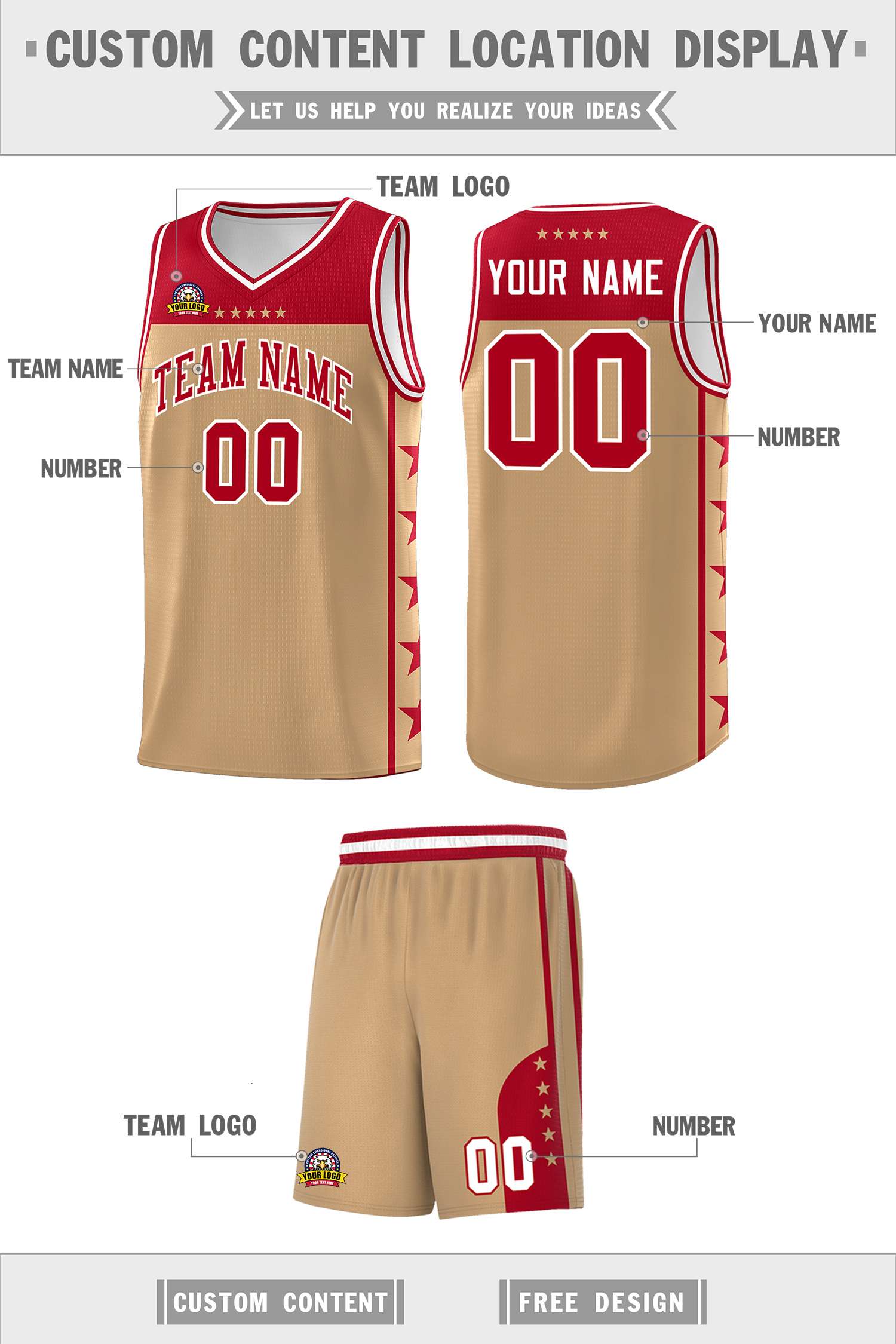 Custom Old Gold Red Color Block Sets Sports Uniform Basketball Jersey