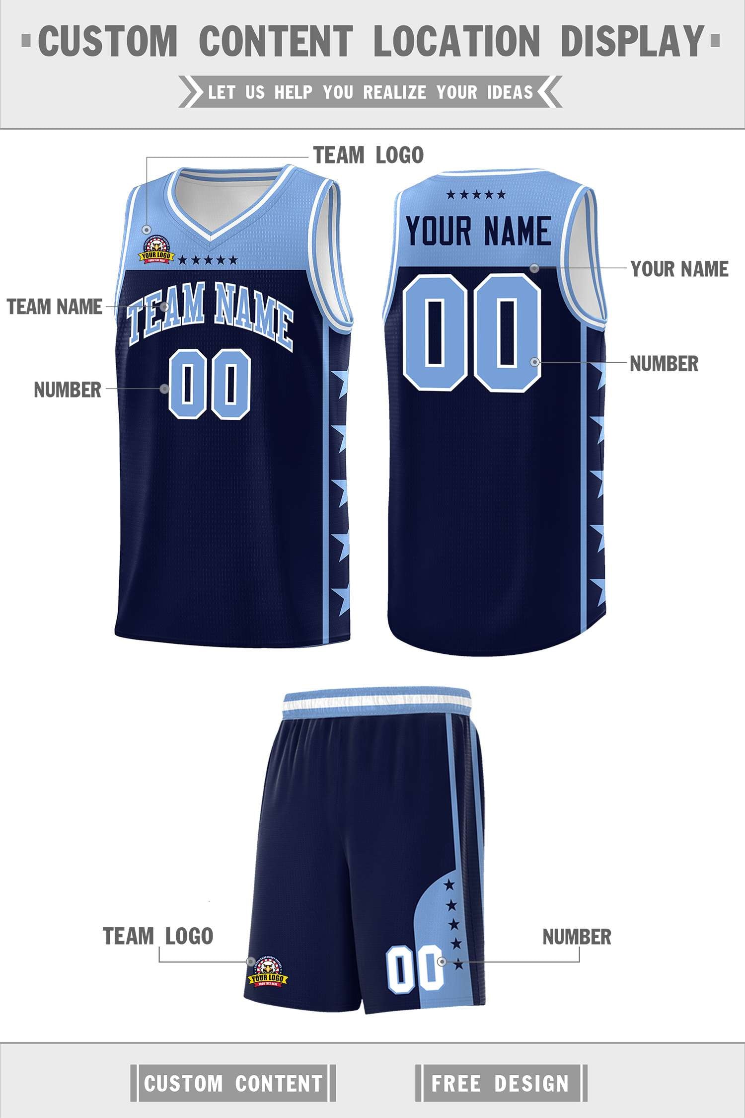 Custom Navy Light Blue Color Block Sets Sports Uniform Basketball Jersey